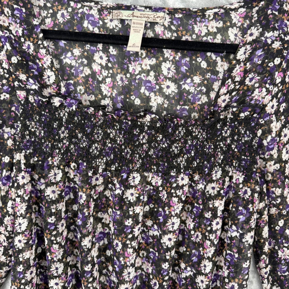 American Rag Floral Smocked Blouse Purple White Chiffon Square Neck BOHO Large - Picture 13 of 14